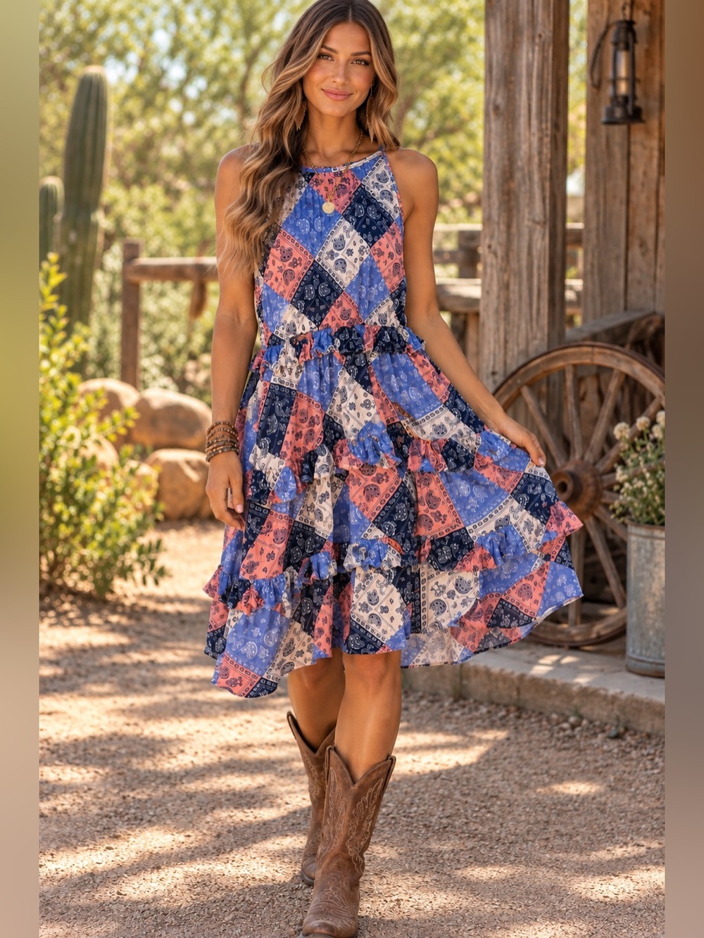 Wrangler Retro Bandana Paisley Patchwork Ruffle Dress Large